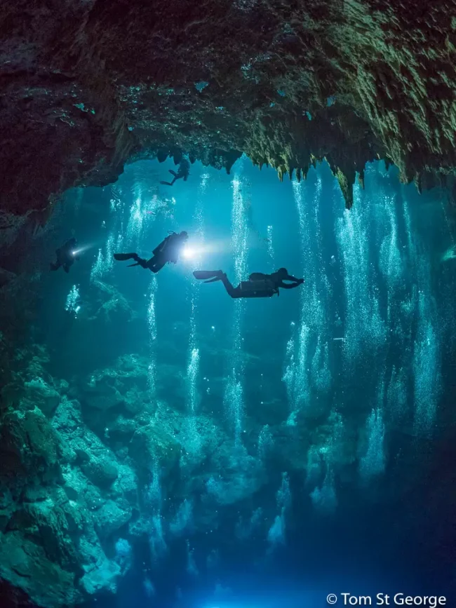Vue spectaculaire de l'intérieur du Cenote El Pit (The Pit) avec rayons de lumière pénétrant l'eau turquoise depuis la surface